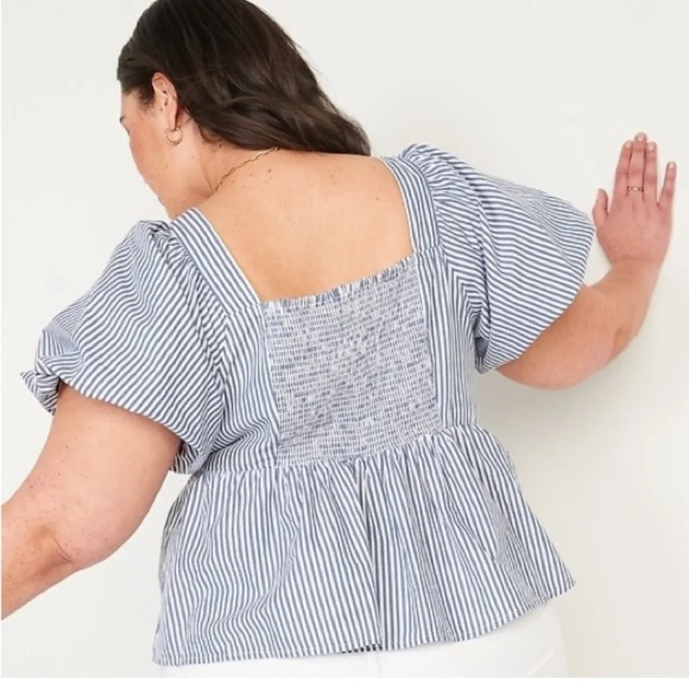 Old Navy | Striped Blue and White Smocked Babydoll Swing Top | Women L
